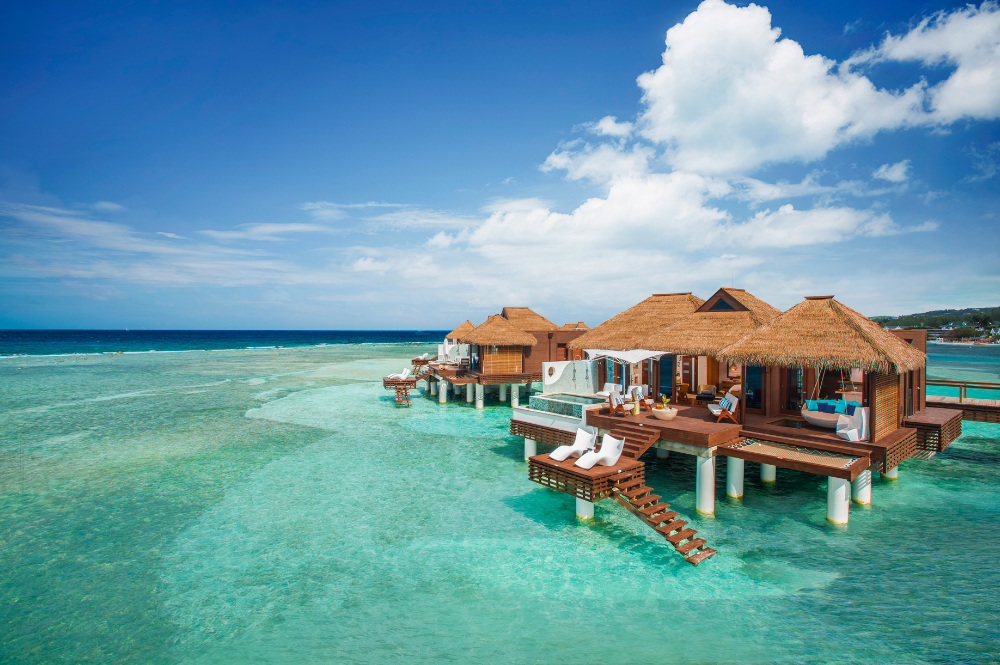 view of overwater villas at sandals royal caribbean