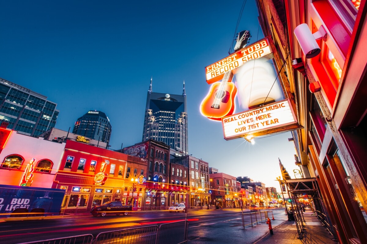 Broadway lit up at night Nashville itinerary