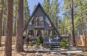 a-frame lake tahoe home with beautiful trees all around