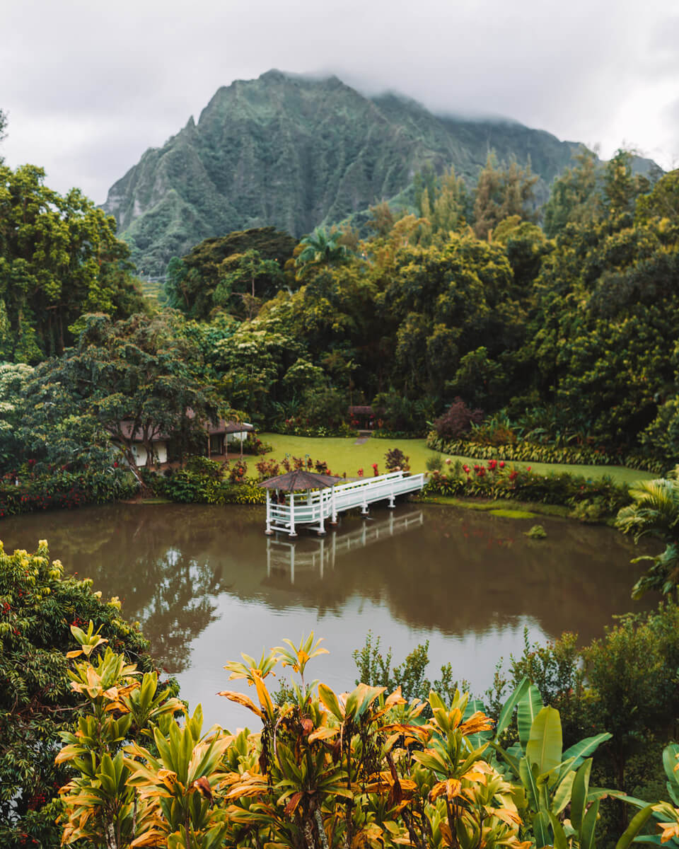 view of the pond and gazebo at haleiwa joes haiku garden in oahu hawaii things to do in oahu