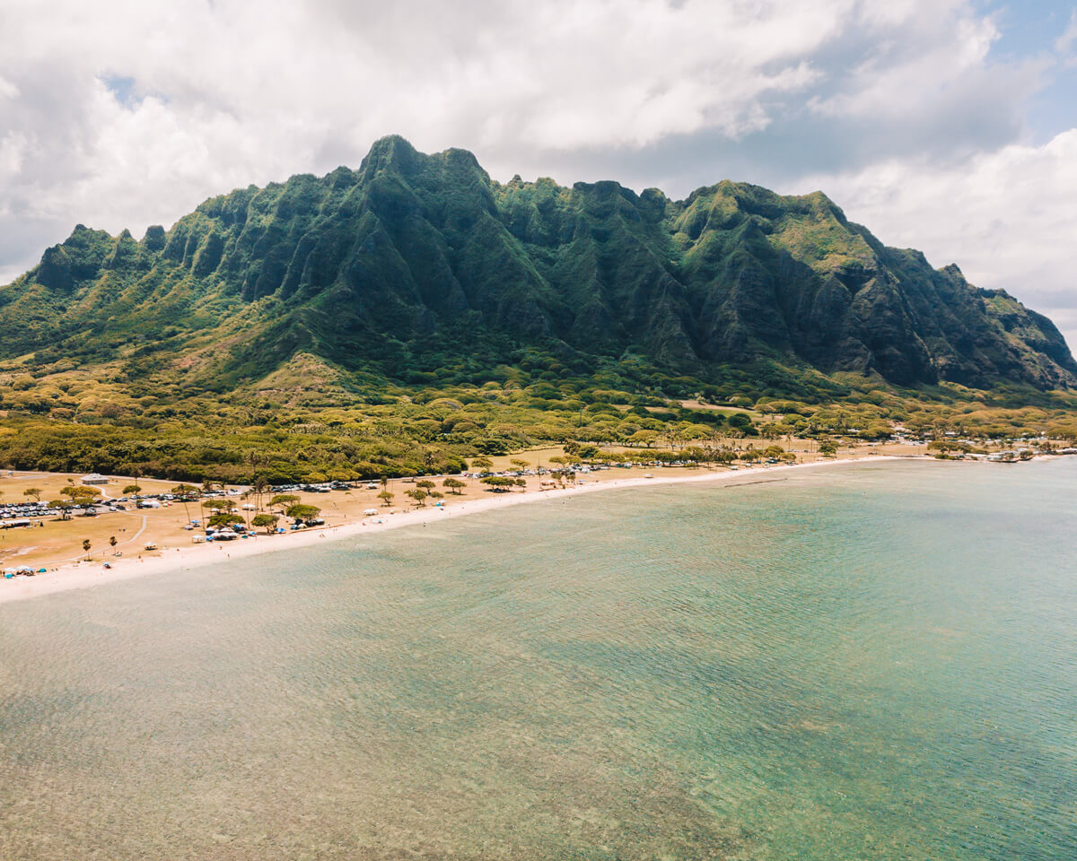 drone photo of the beach near kualoa regional park in oahu hawaii