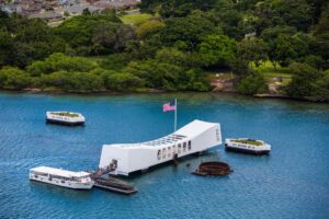 aerial view of the uss arizona memorial at pearl harbor which is one of the best things to do in oahu hawaii