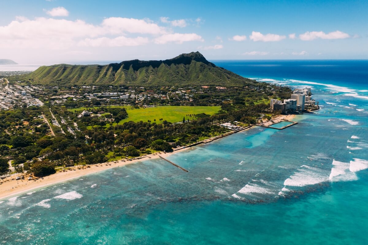 aerial view of waikiki and diamond head in oahu hawaii