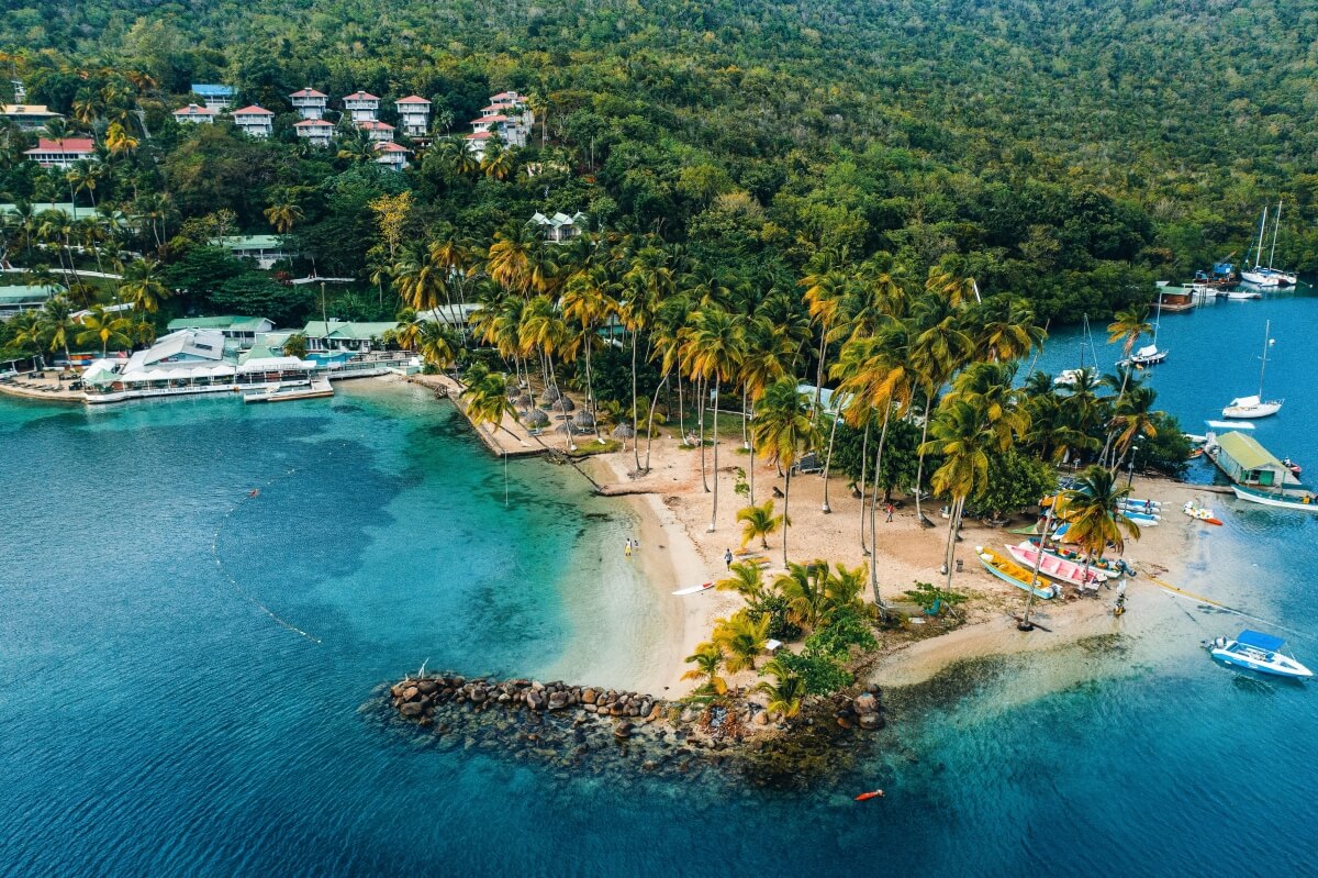 beach in st lucia with lots of palm trees and boats