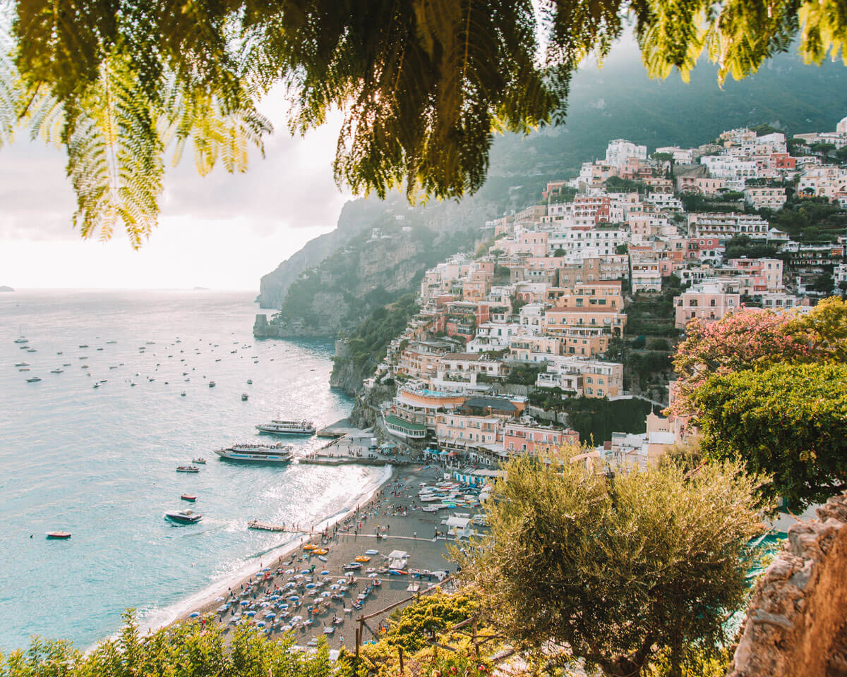 view of positano italy with soft light when the sun is beginning to set