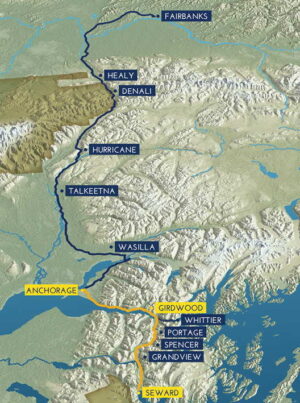 map of alaska railroad route for the coastal classic train, beginning in seward and ending in anchorage