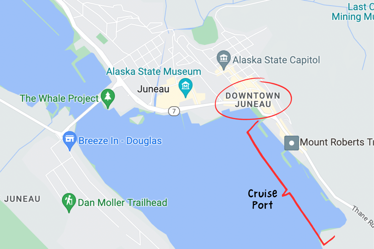 map of the town of Juneau Alaska, showing where the Juneau cruise port is in relation to the downtown area of Juneau