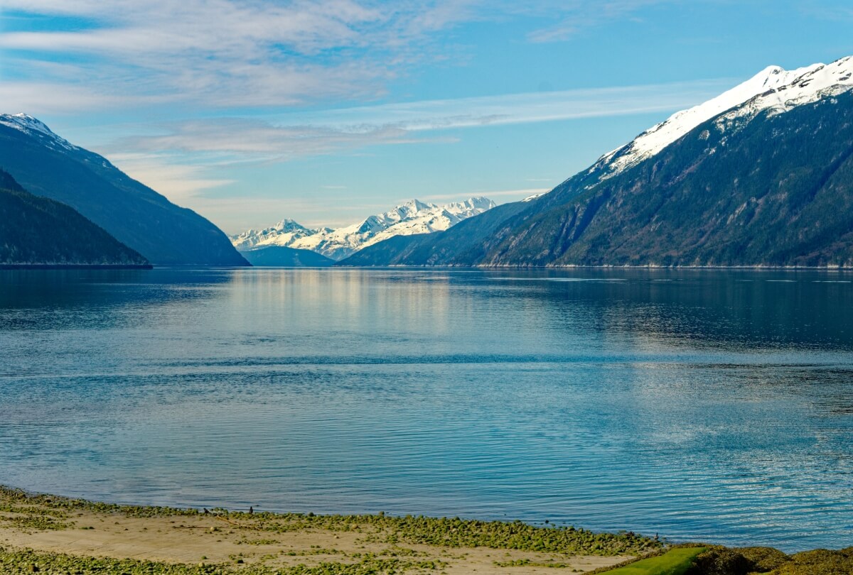 calm lake in front of green grass with snowcapped mountains in the background on a sunny day