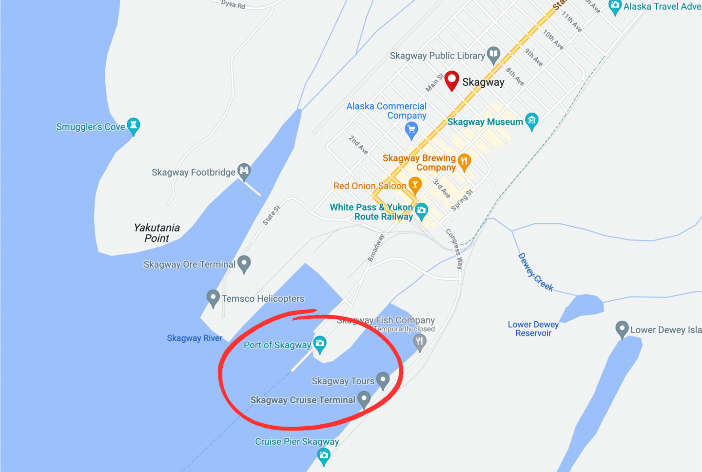 map of downtown skagway showing the distance between the town and the skagway cruise port