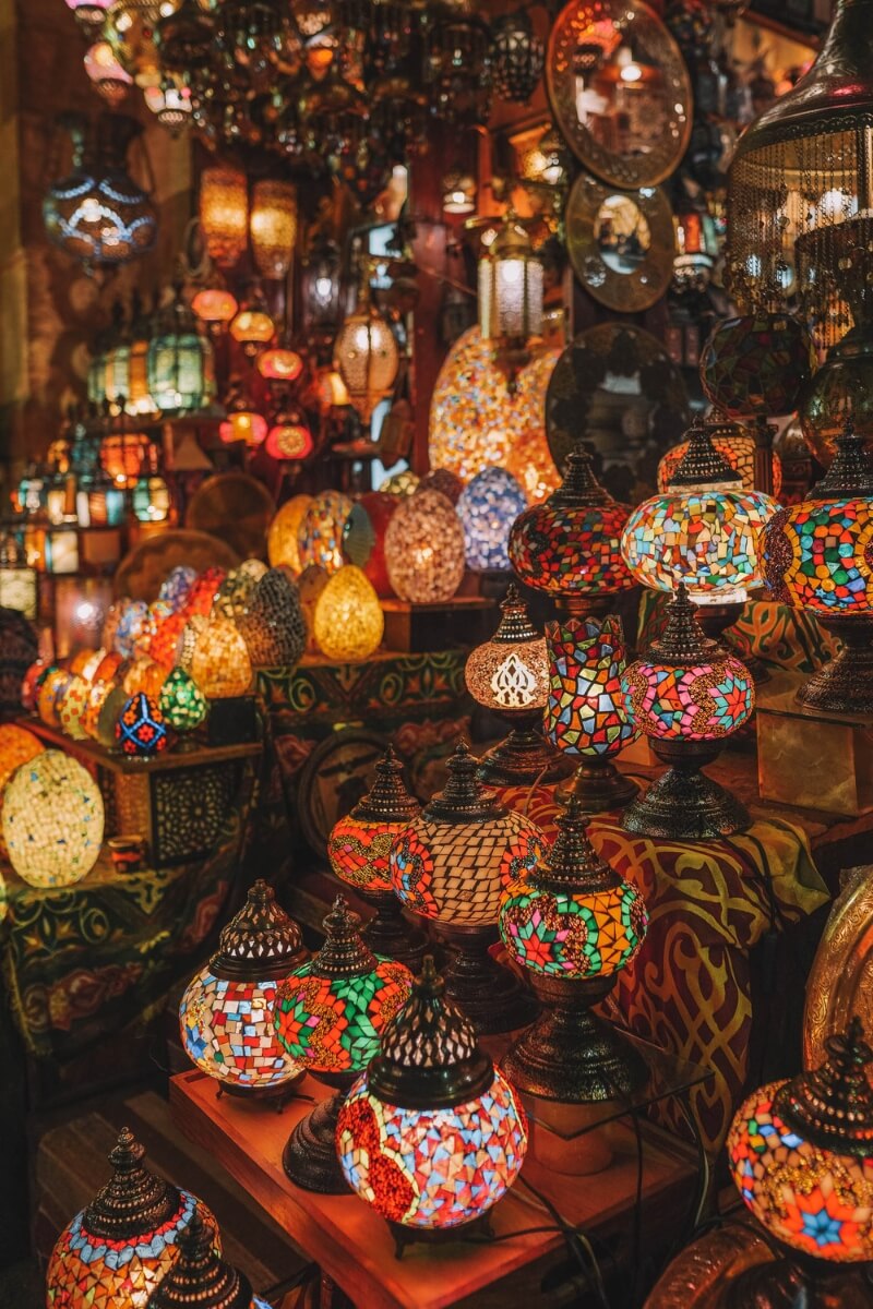 dozens of colorful Arabian lamps at a market in Cairo Egypt